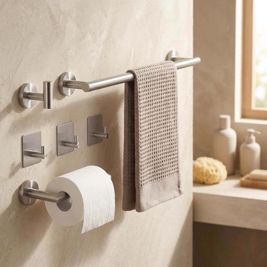 Towelhold™ Stainless Steel Bathroom Towel Hardware, styled close view