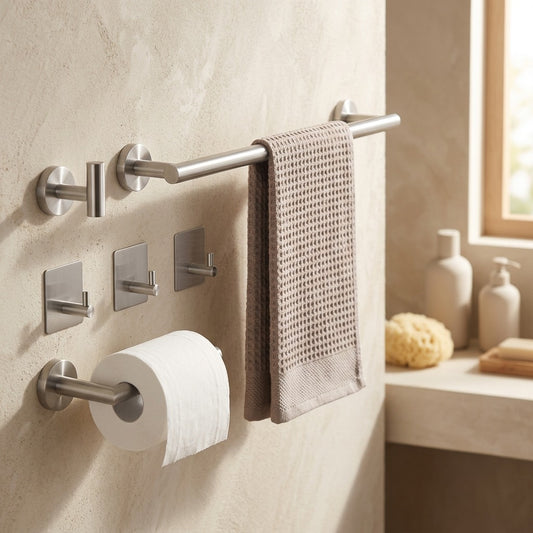 Towelhold™ Stainless Steel Bathroom Towel Hardware, styled close view