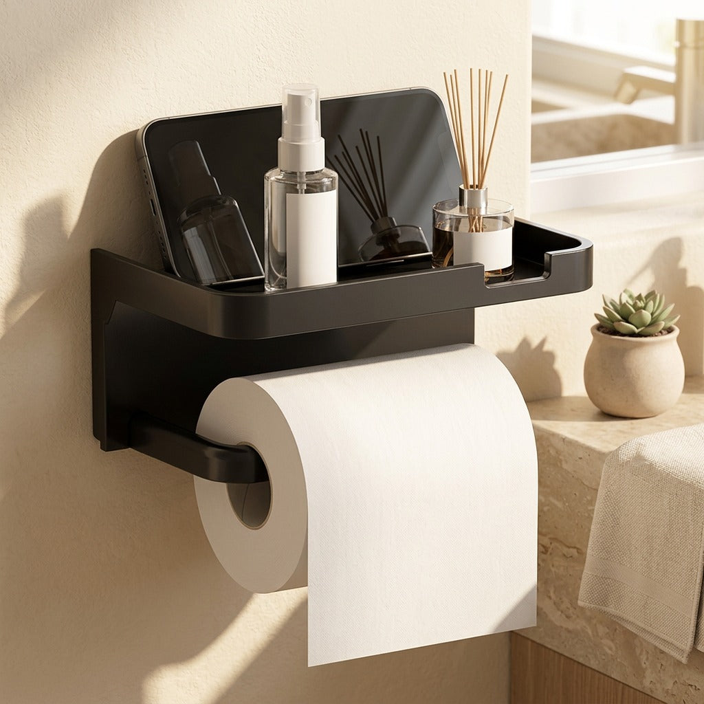 Tissueperch™ Wall-Mounted Plastic Tissue Box Rack in a calm home setting