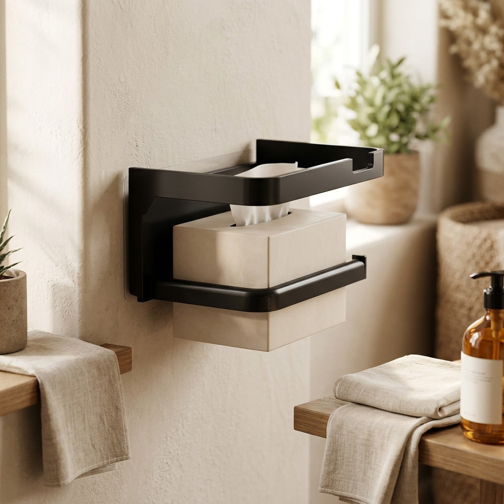 Tissueperch™ Wall-Mounted Plastic Tissue Box Rack, styled close view