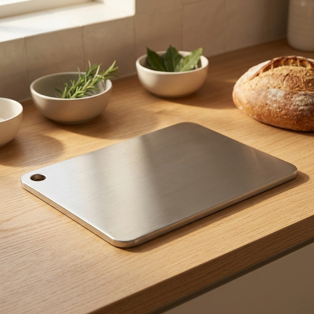 Chopguard™ Stainless Steel Cutting Board, styled close view