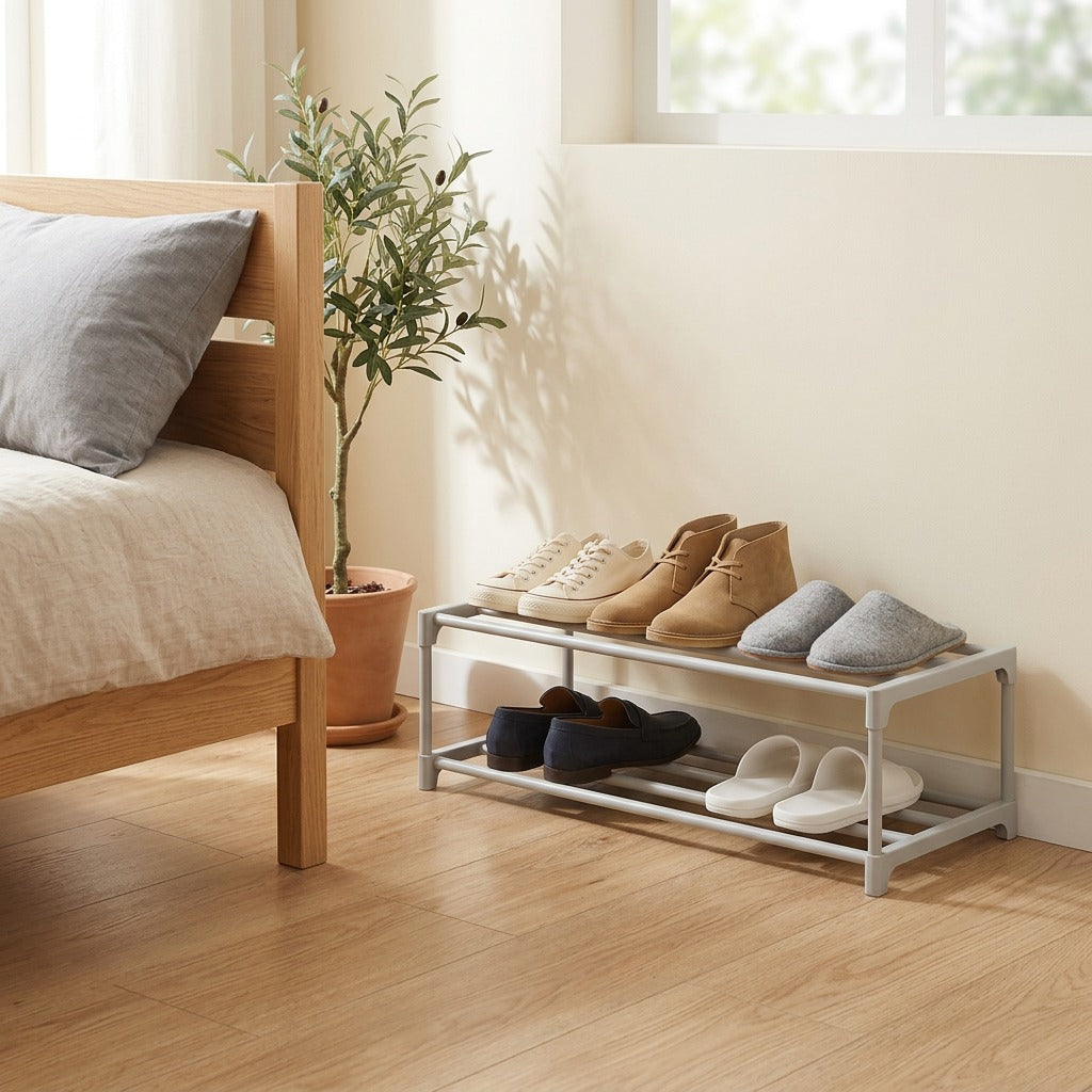 Pairtier™ Plastic Multi-Layer Shoe Rack in a calm home setting