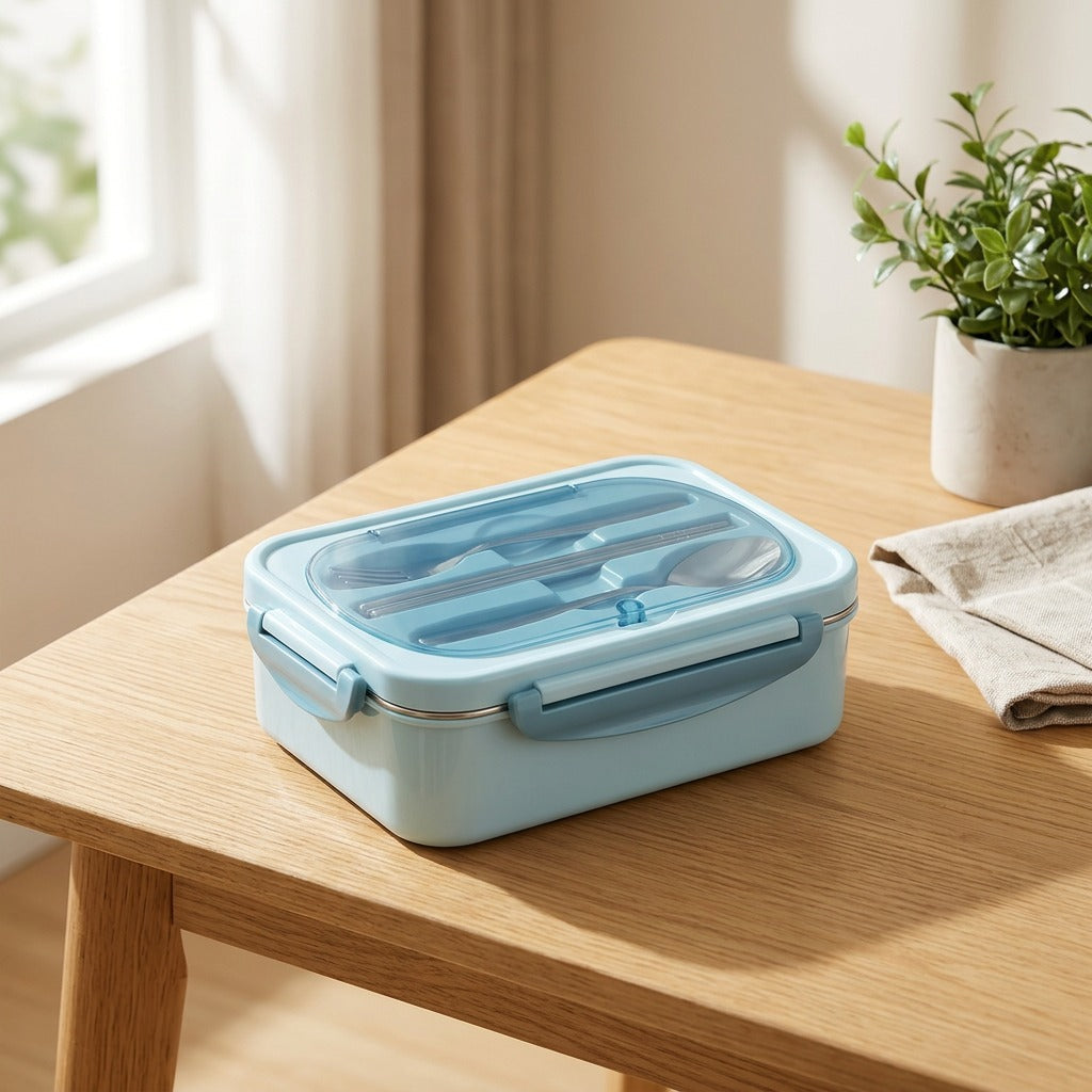 Twinmeal™ Two-Compartment 304 Stainless Steel Lunch Box in a calm home setting