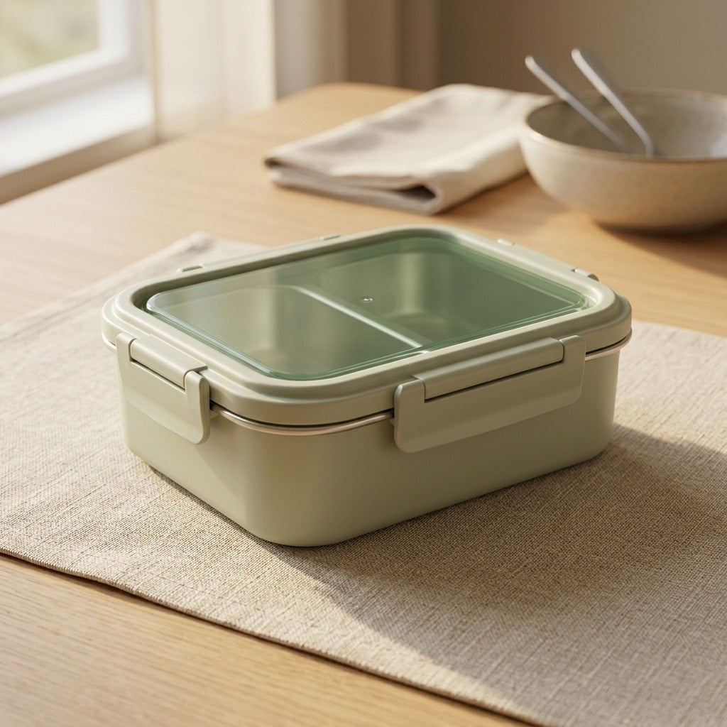 Twinmeal™ Two-Compartment 304 Stainless Steel Lunch Box, styled close view