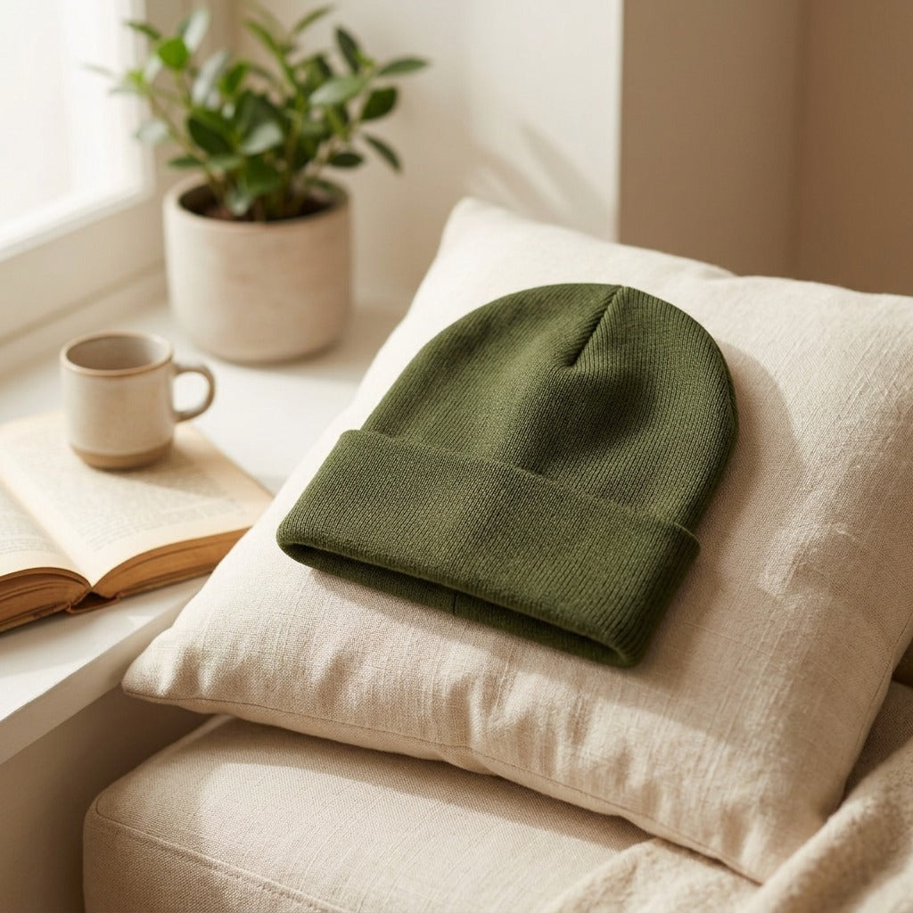 Knitwarm™ Solid Color Knitted Beanie Hat in a calm home setting