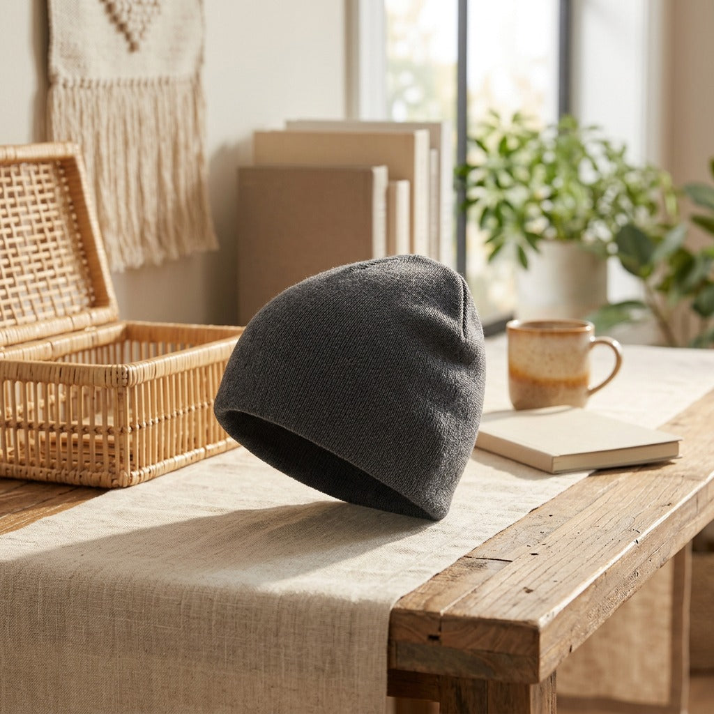Knitwarm™ Solid Color Knitted Beanie Hat, styled close view