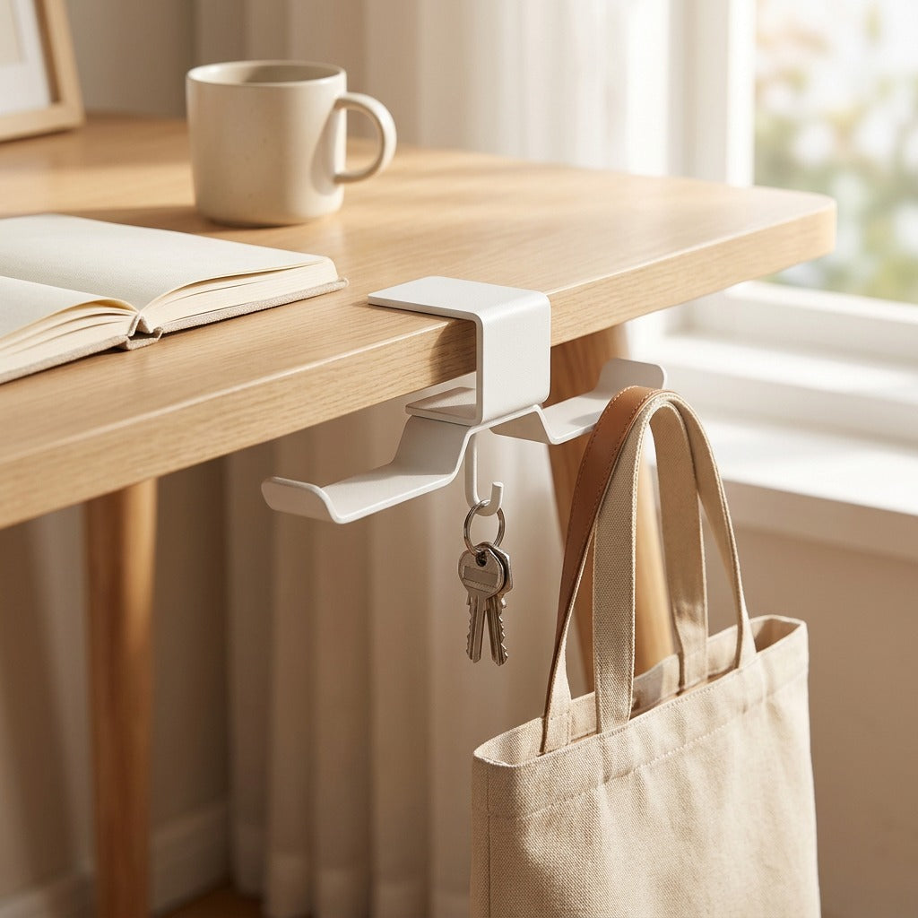 Deskhook™ Iron Desk Edge Bag Hook, styled close view