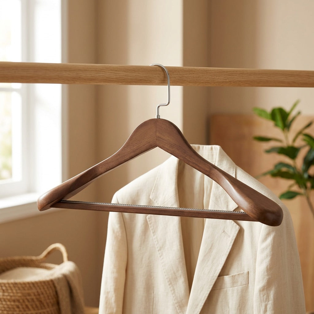 Woodrest™ Solid Wood Suit Hanger in a calm home setting