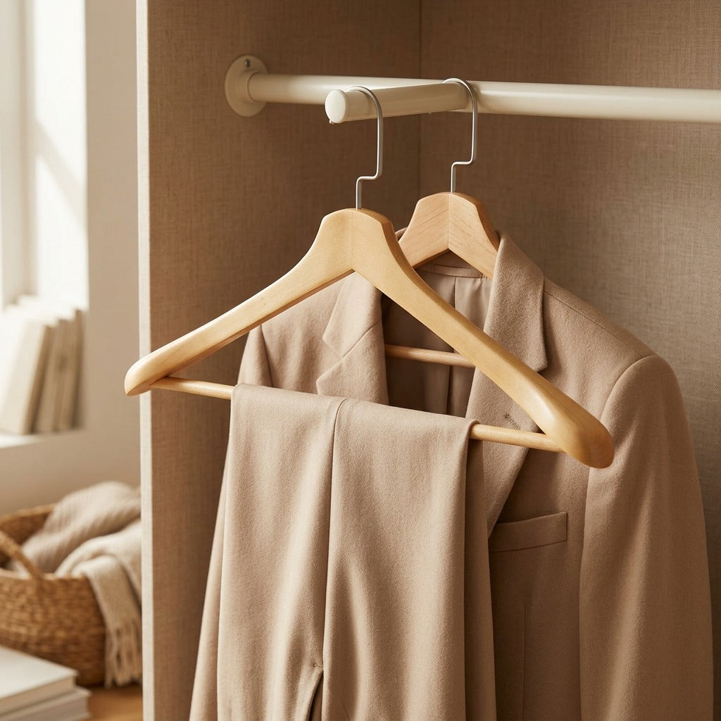Woodrest™ Solid Wood Suit Hanger, styled close view