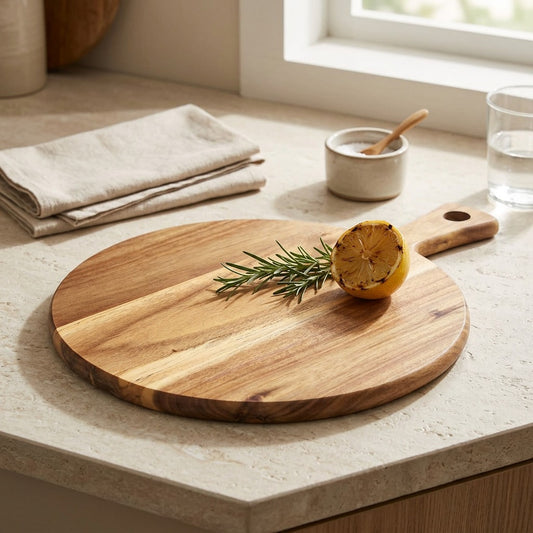 Grainchop™ Acacia Wood Cutting Board, styled close view