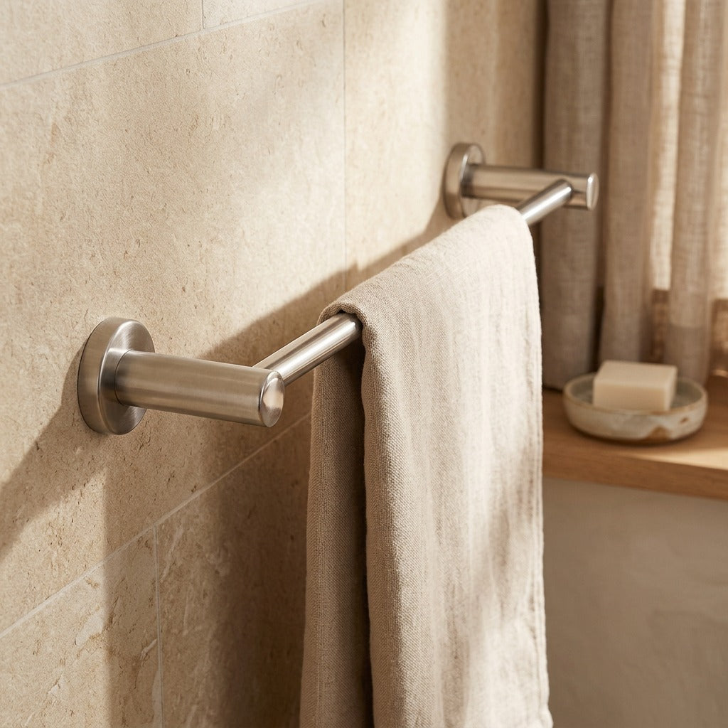 Linenbar™ Stainless Steel Bathroom Towel Bar, styled close view
