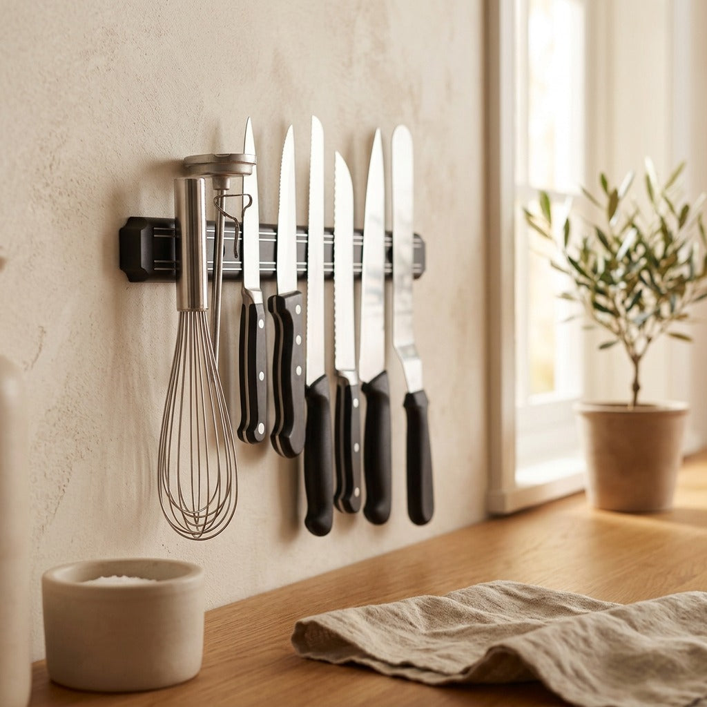 Knifedock™ Stainless Steel Magnetic Knife Holder, styled close view
