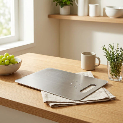 Sliceshield™ Stainless Steel Cutting Board in a calm home setting