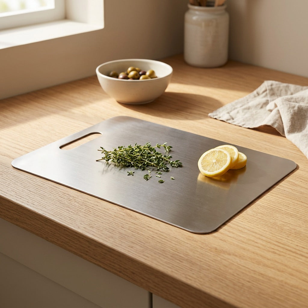 Sliceshield™ Stainless Steel Cutting Board, styled close view