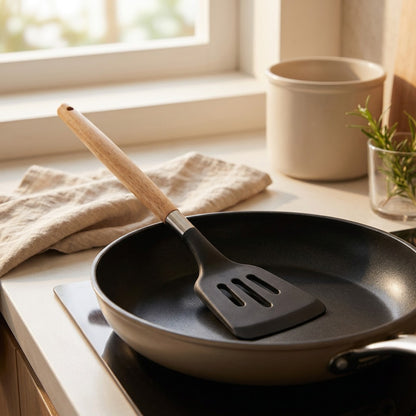 Woodflip™ Wooden Handle Silicone Spatula, styled close view