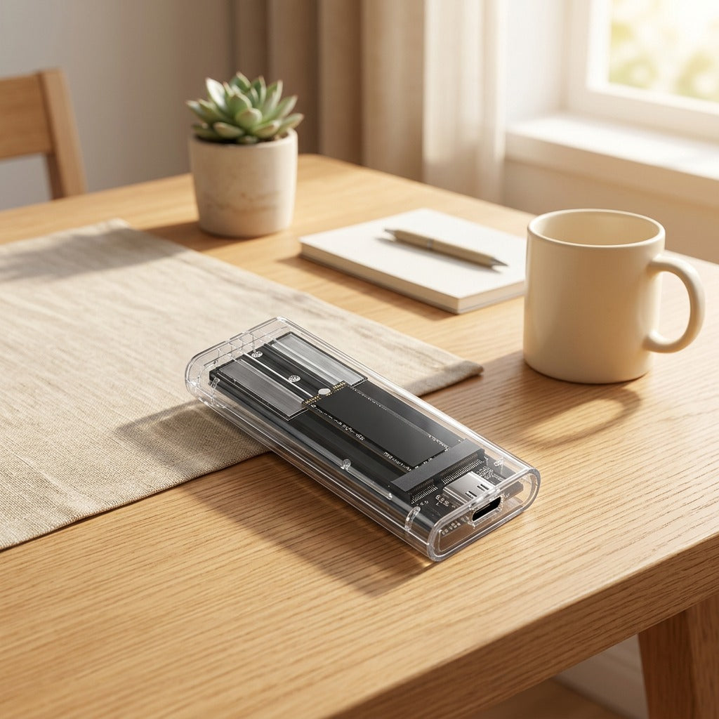 Driveview™ Transparent M.2 Hard Drive Enclosure in a calm home setting