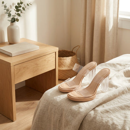 Heelbloom™ Apricot Thick Heel Sandals in a calm home setting