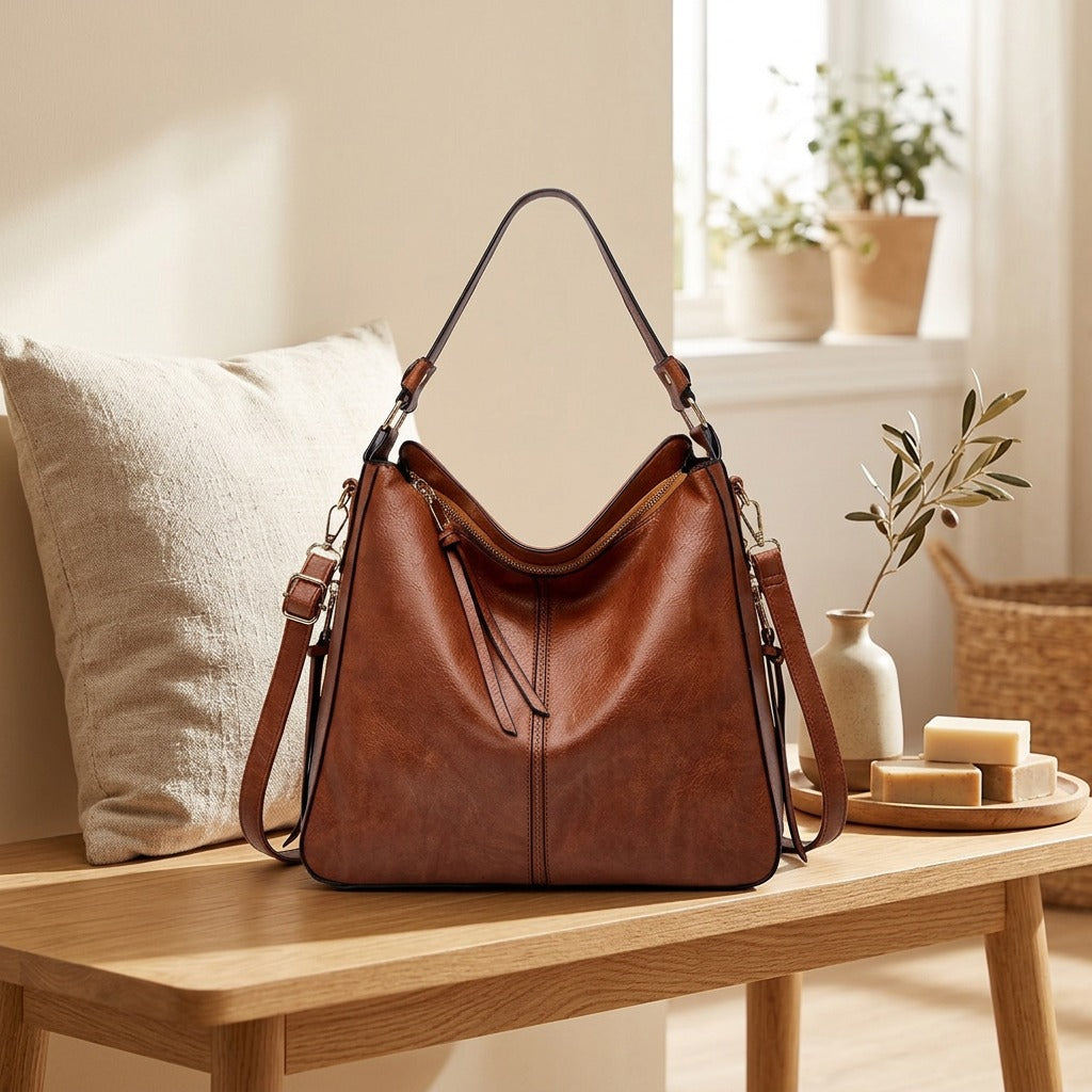 Carrycurve™ PU Bucket Tote Bag in a calm home setting