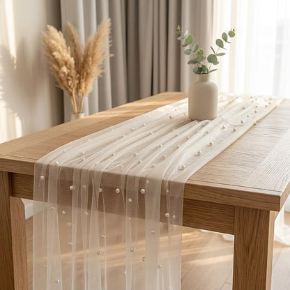 Pearlweft™ Pearl Tulle Table Runner in a calm home setting