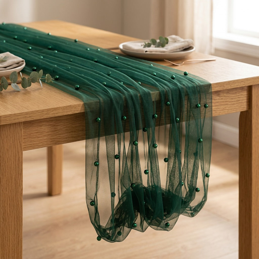 Pearlweft™ Pearl Tulle Table Runner, styled close view