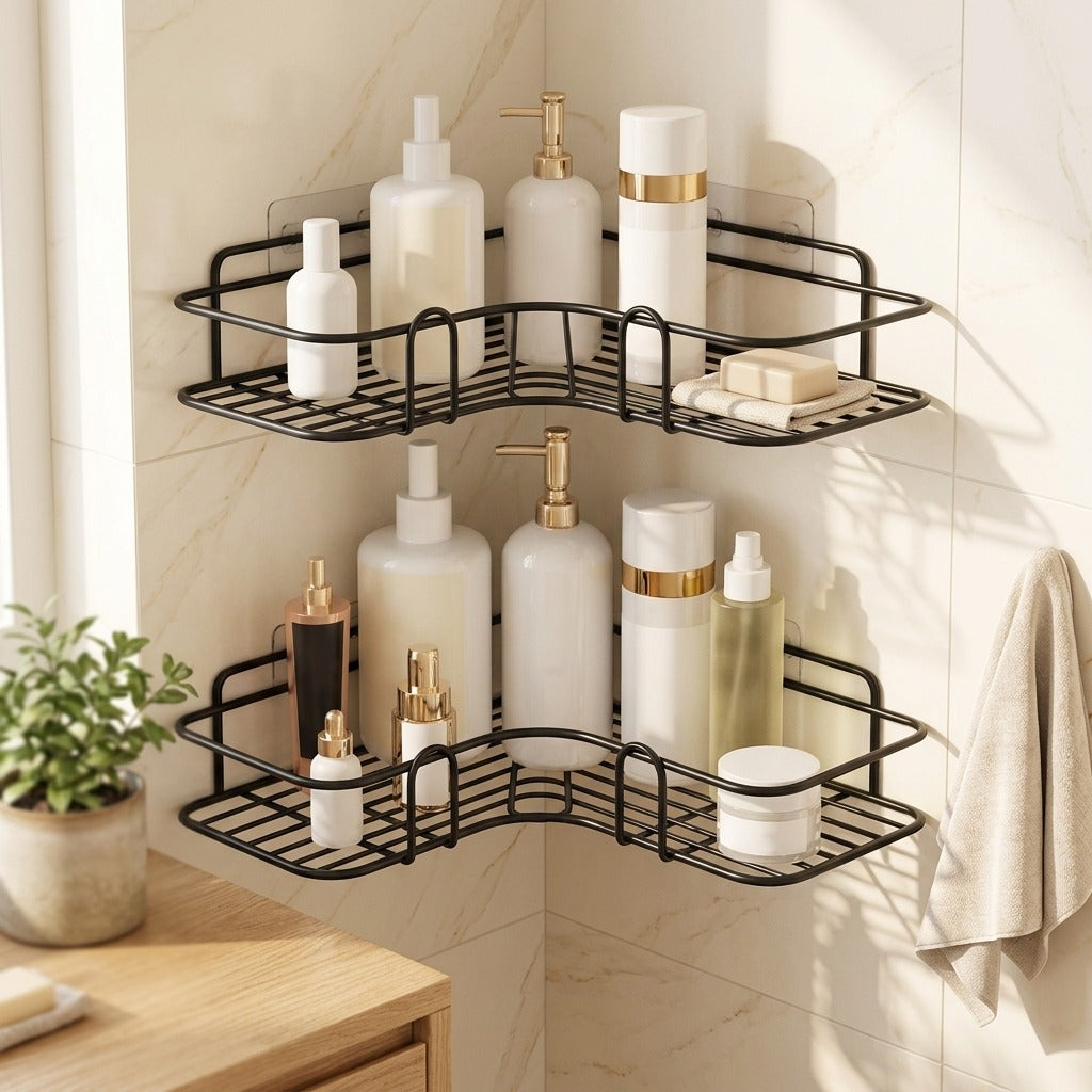 Nookrail™ Iron Bathroom Corner Storage Rack in a calm home setting