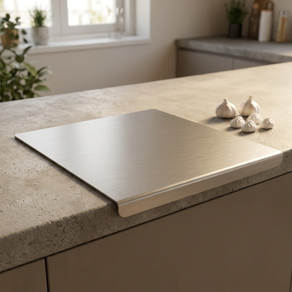 Steelslice™ Stainless Steel Cutting Board, styled close view