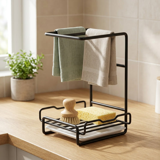 Dishdock™ Countertop Dishcloth Storage Rack in a calm home setting