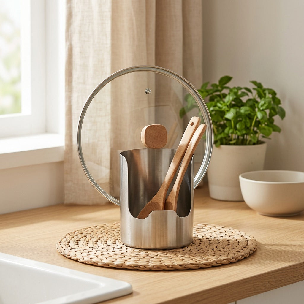 Lidrest™ Stainless Steel Pot Lid Rack in a calm home setting