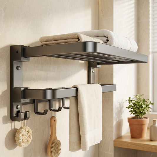 Foldrail™ Gun Gray Folding Towel Rack in a calm home setting