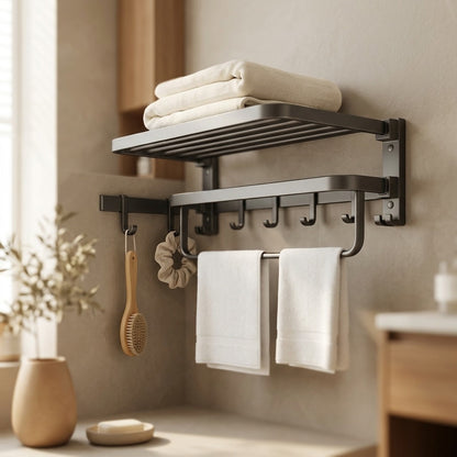 Foldrail™ Gun Gray Folding Towel Rack, styled close view