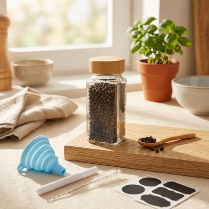 Seasonpour™ Square Glass Seasoning Bottle in a calm home setting