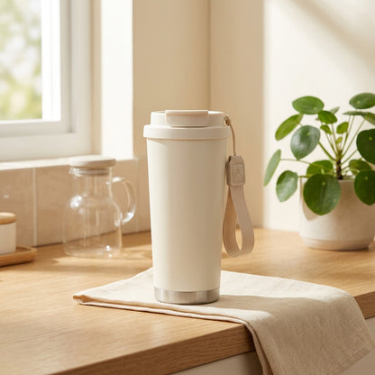 Lilypour™ Lily Of The Valley Stainless Steel Coffee Cup in a calm home setting