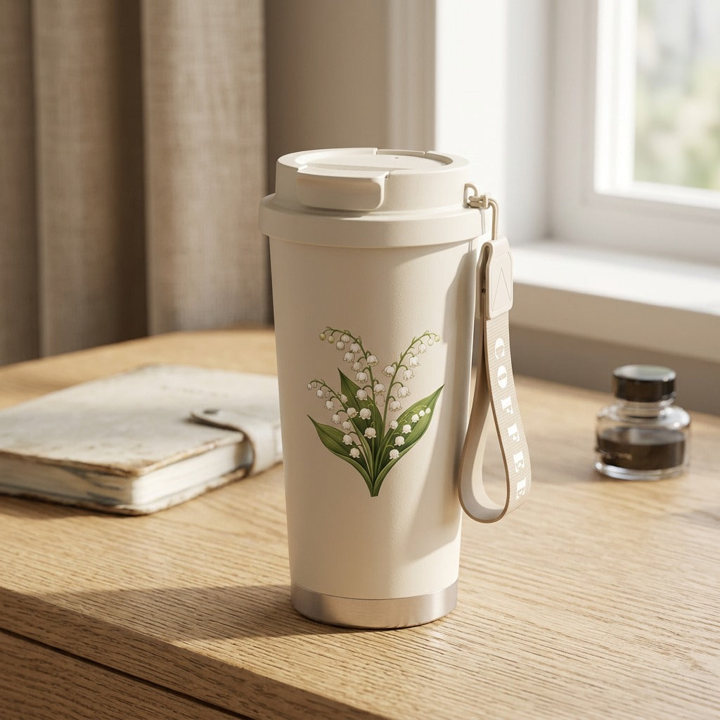 Lilypour™ Lily Of The Valley Stainless Steel Coffee Cup, styled close view