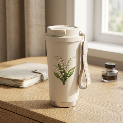 Lilypour™ Lily Of The Valley Stainless Steel Coffee Cup, styled close view