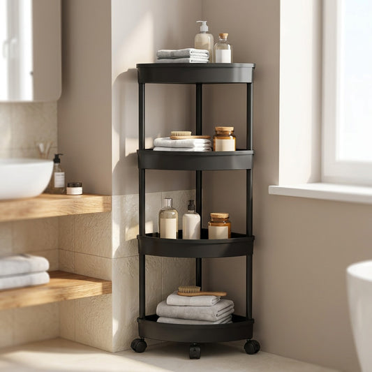 Cornerest™ Plastic Corner Bathroom Storage Rack, styled close view
