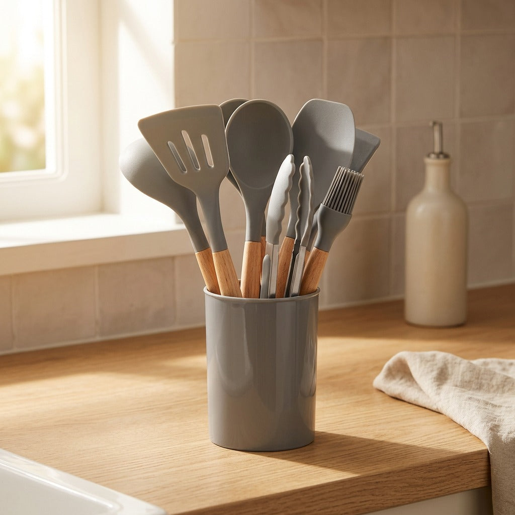 Cookcaddy™ Silicone Kitchen Utensil Set with Bucket, styled close view