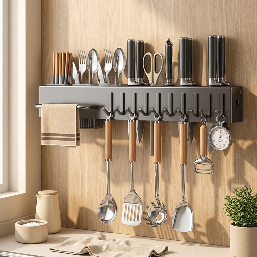 Edgebar™ Carbon Steel Wall-Mounted Knife Rack in a calm home setting