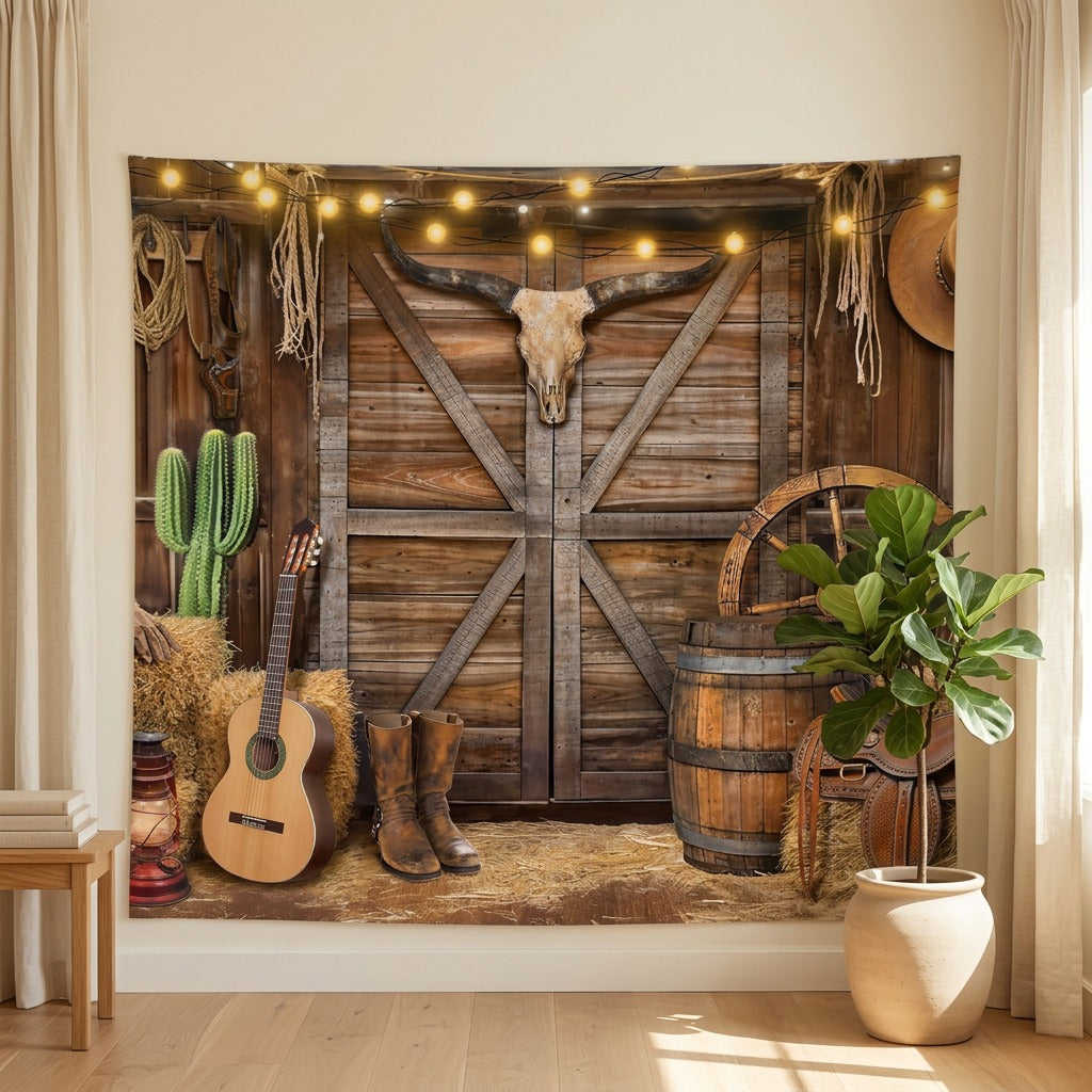 Rodeofete™ Western Cowboy Birthday Party Backdrop in a calm home setting