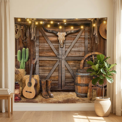 Rodeofete™ Western Cowboy Birthday Party Backdrop in a calm home setting