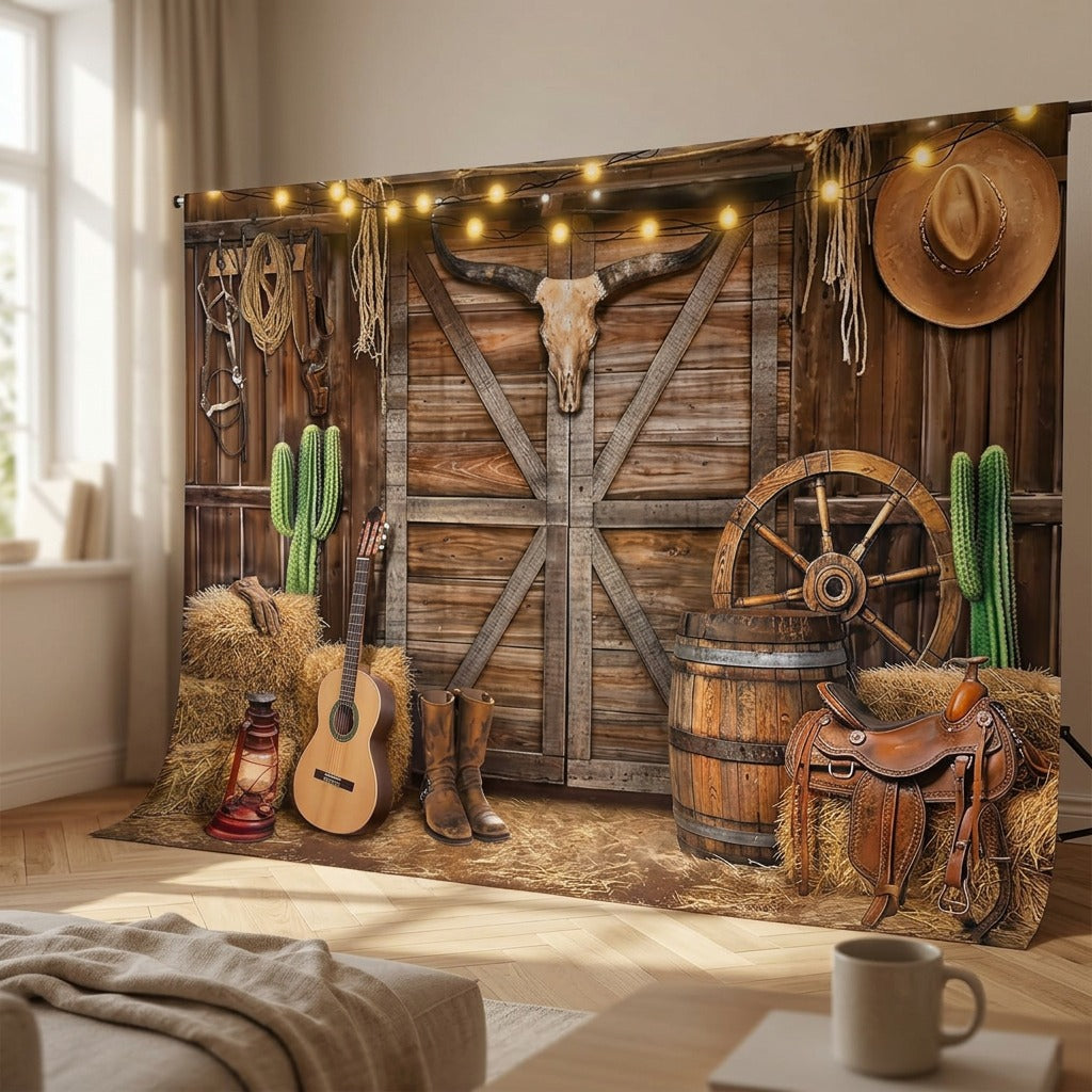 Rodeofete™ Western Cowboy Birthday Party Backdrop, styled close view