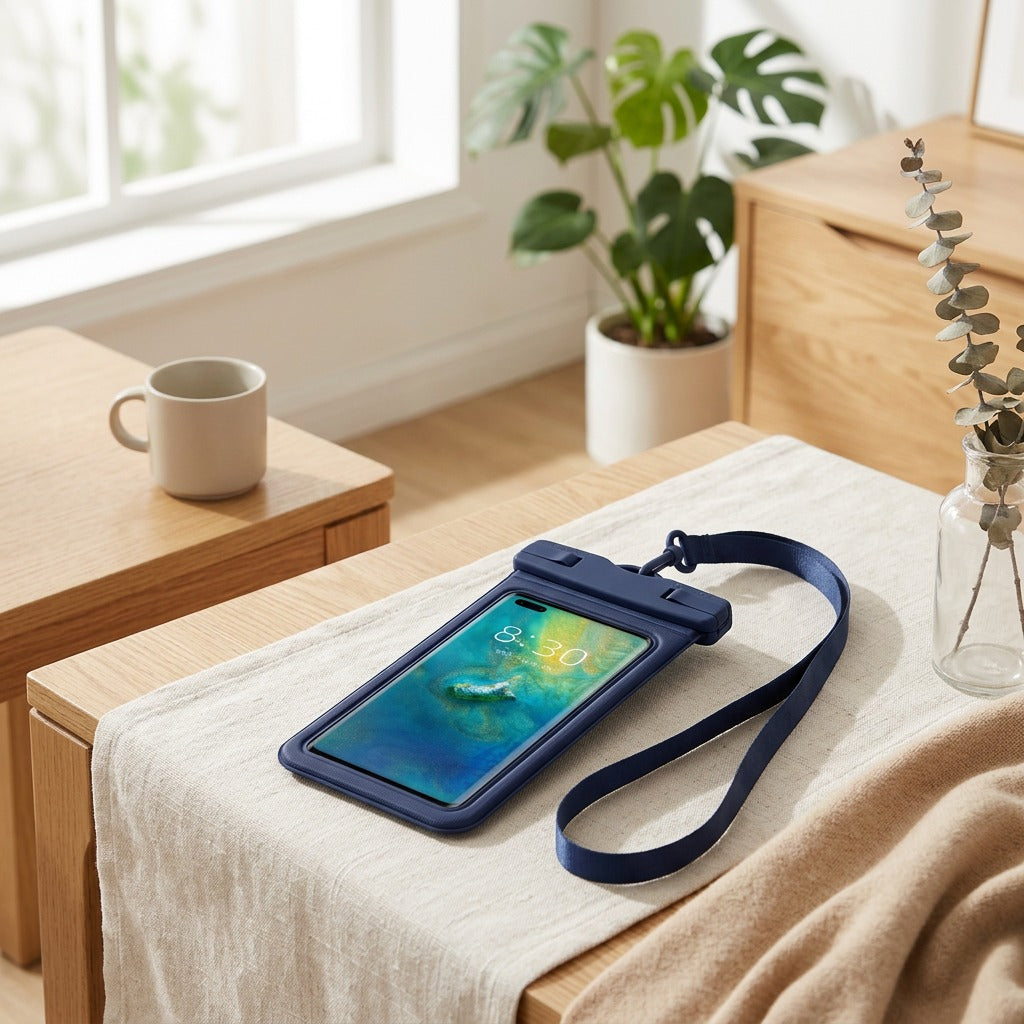 Pocketide™ PVC Waterproof Phone Bag in a calm home setting