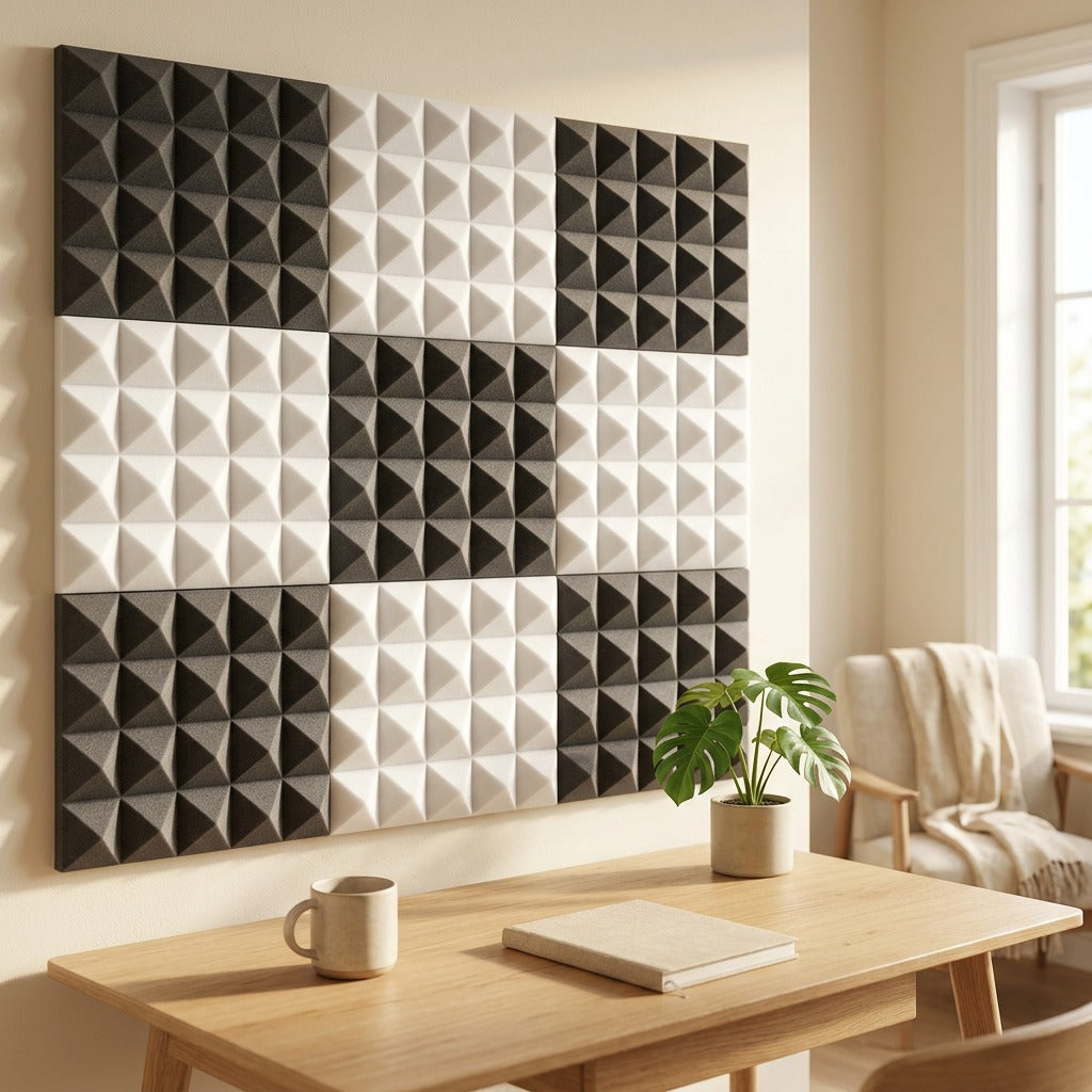 Peakmuff™ Pyramid Sound-Absorbing Foam Panels in a calm home setting