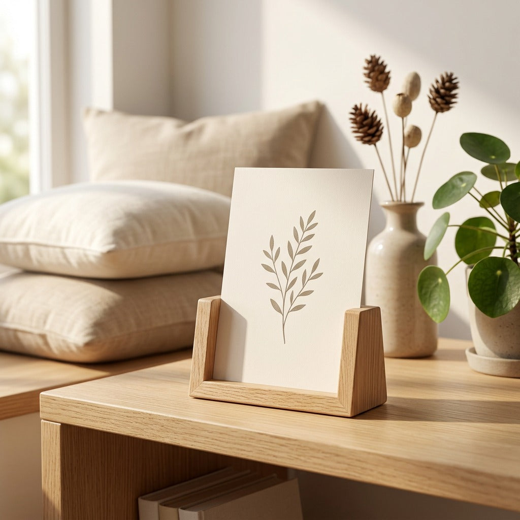 Oakcradle™ U-Shaped Solid Wood Photo Frame Base in a calm home setting