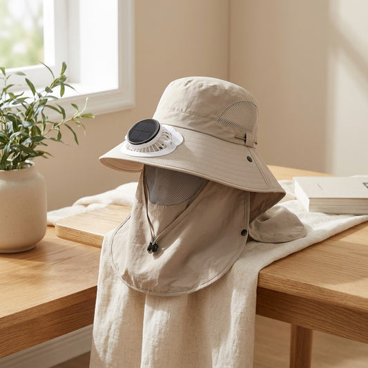 Reelwhirr™ Solar Fan Fishing Hat in a calm home setting