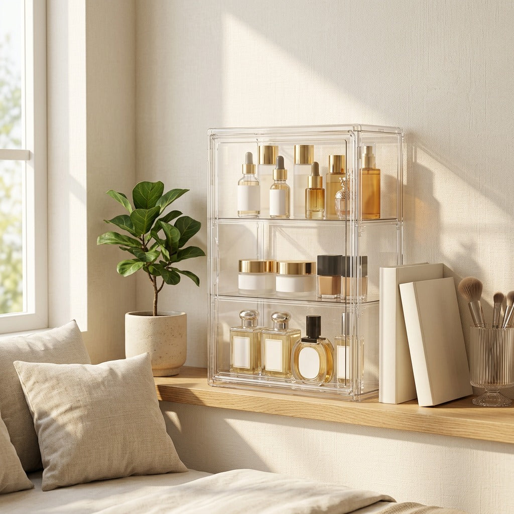 Figureroom™ Plastic Figure Display Cabinet in a calm home setting