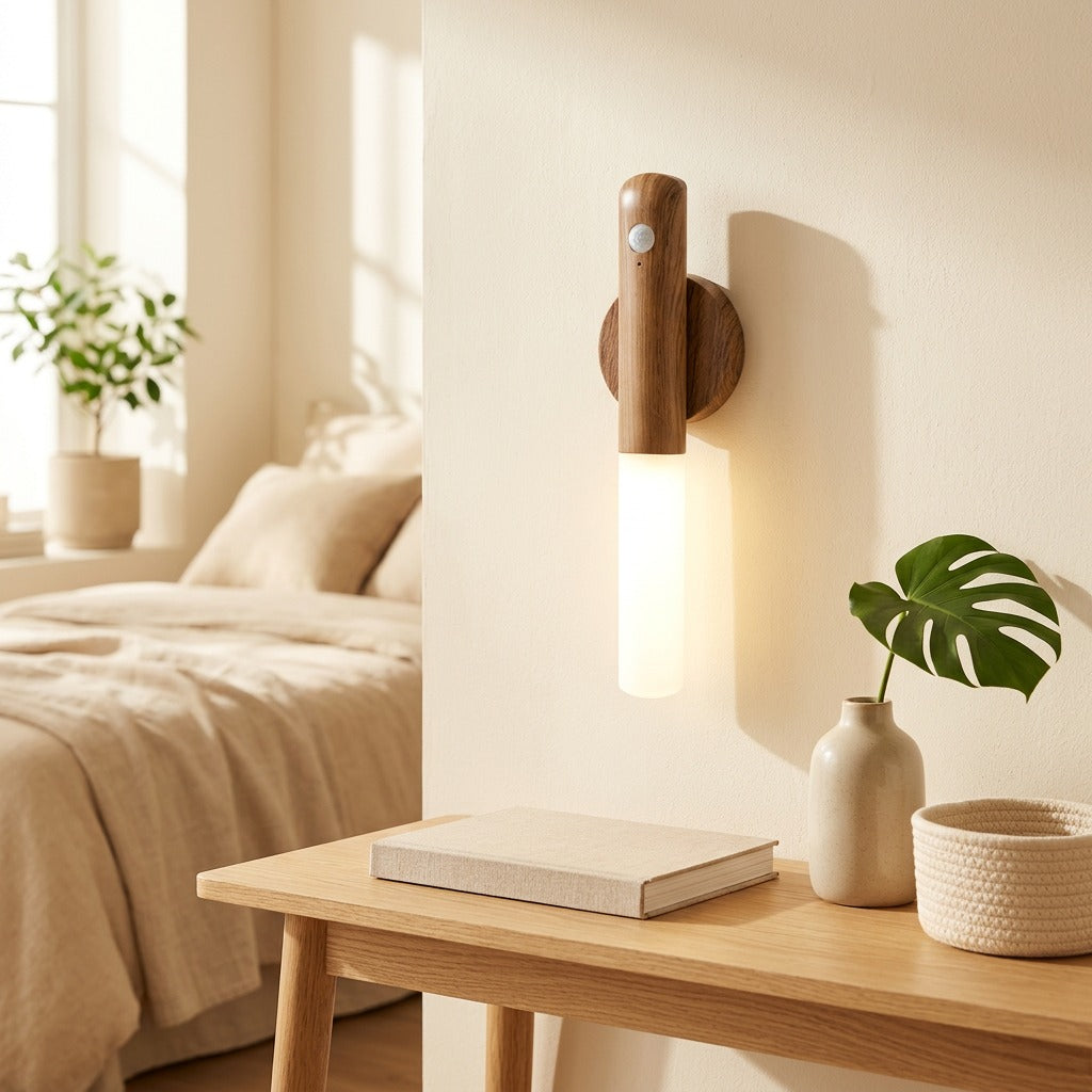 Woodhush™ Wood Grain Sensor Night Light in a calm home setting