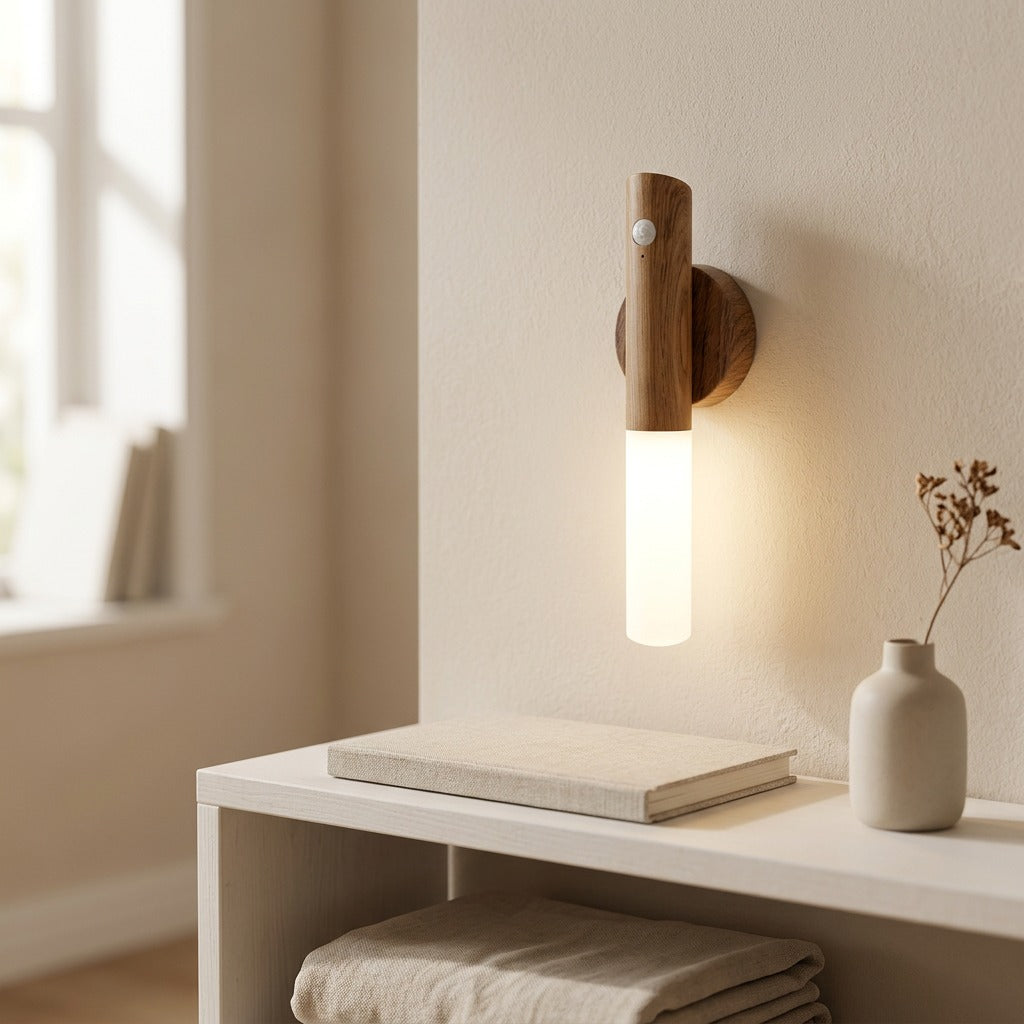 Woodhush™ Wood Grain Sensor Night Light, styled close view