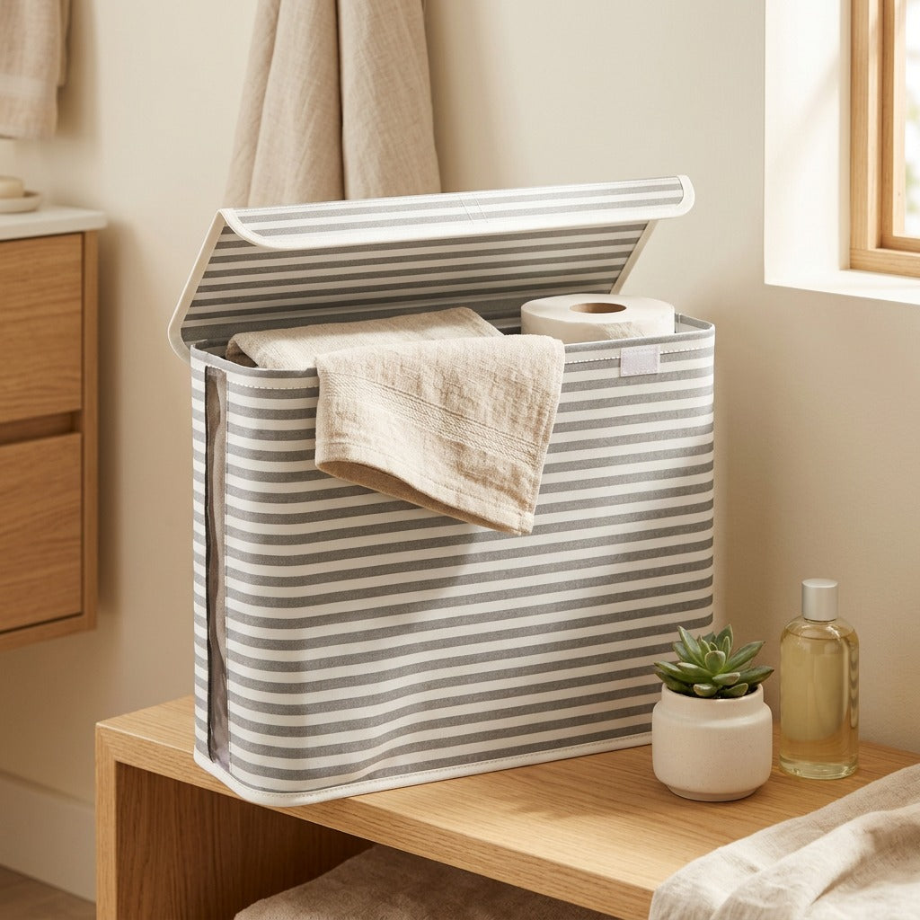 Stripefold™ Striped Foldable Storage Basket in a calm home setting