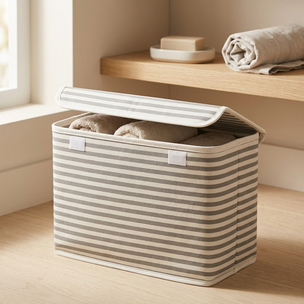 Stripefold™ Striped Foldable Storage Basket, styled close view