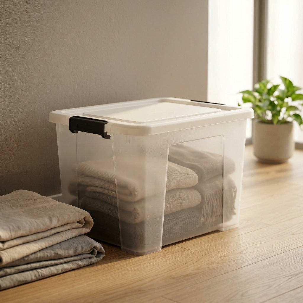 Wearstash™ Plastic Clothing Storage Box, styled close view